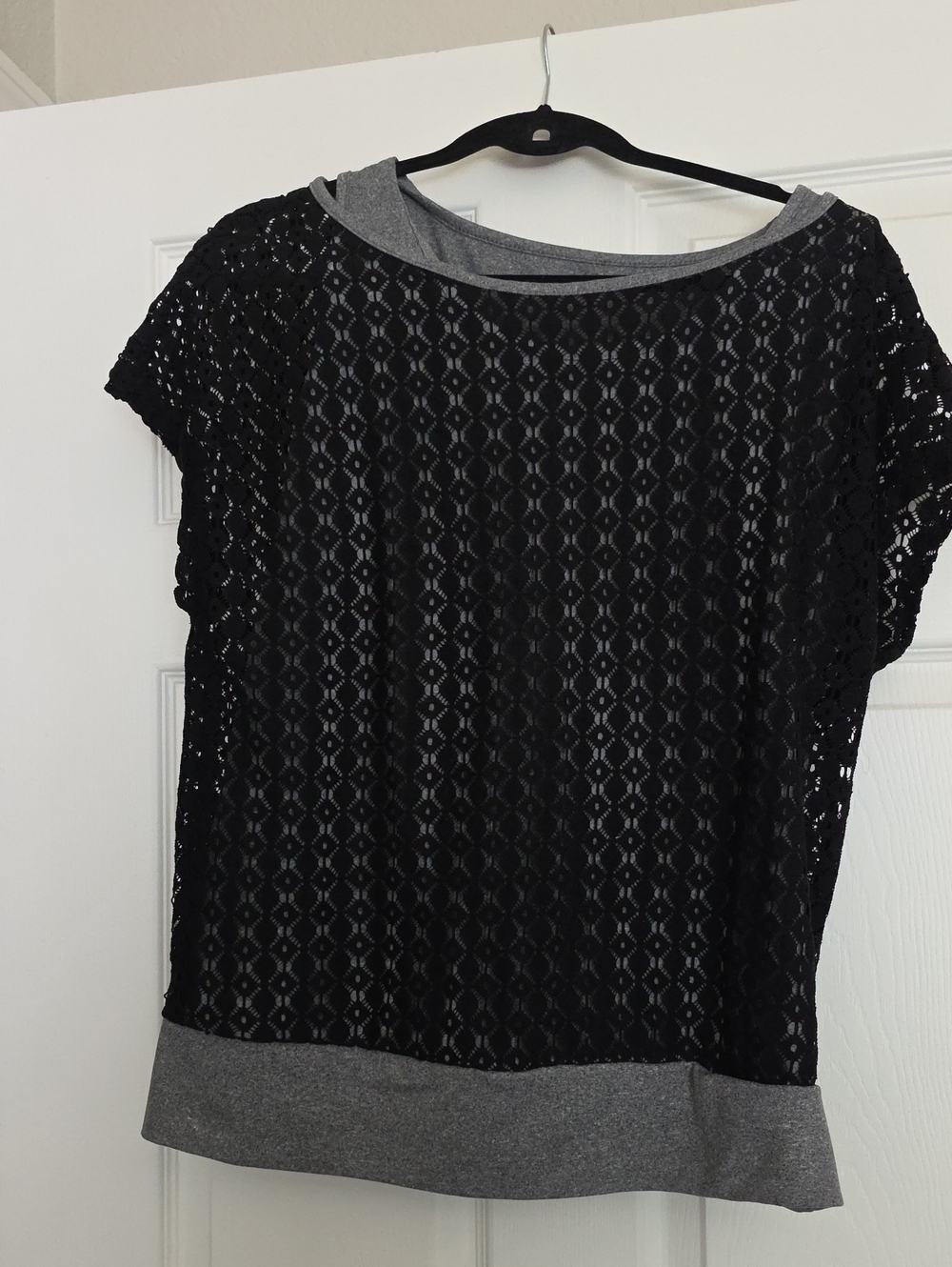 Black Lace Overlay Short Sleeve Top with Gray Trim